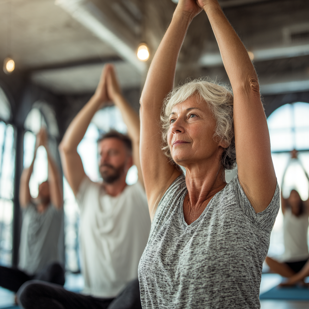 Mature adults practicing gentle yoga stretches in bright studio environment