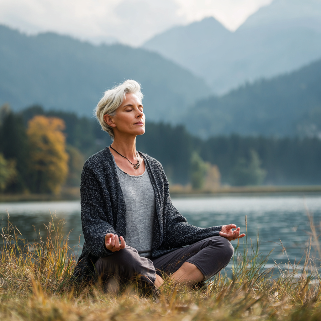 Peaceful middle-aged woman practicing yoga meditation in serene natural environment